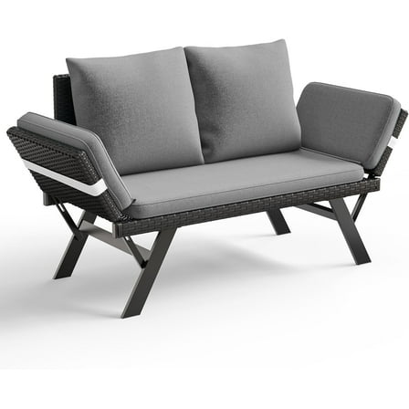 TAVATA Outdoor Convertible Sofa, PE Woven Rattan Patio Loveseat with Adjustable Armrests & Removable Cushions, Outdoor Daybed or Balcony Couch with 2 Pillows for Patio, Porch, Poolside (Grey)