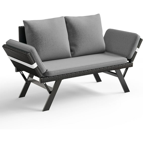 TAVATA Outdoor Convertible Sofa, PE Woven Rattan Patio Loveseat with Adjustable Armrests & Removable Cushions, Outdoor Daybed or Balcony Couch with 2 Pillows for Patio, Porch, Poolside (Grey)