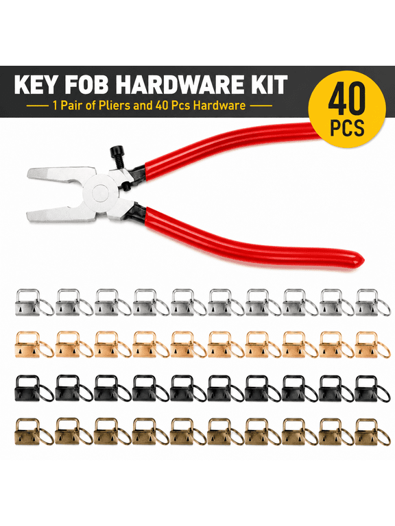 40pc Key Fob Hardware Set, 1 Inch Keychain Hardware with Pliers, Wristlet Lanyard & Key Chain Making DIY Craft Supplies