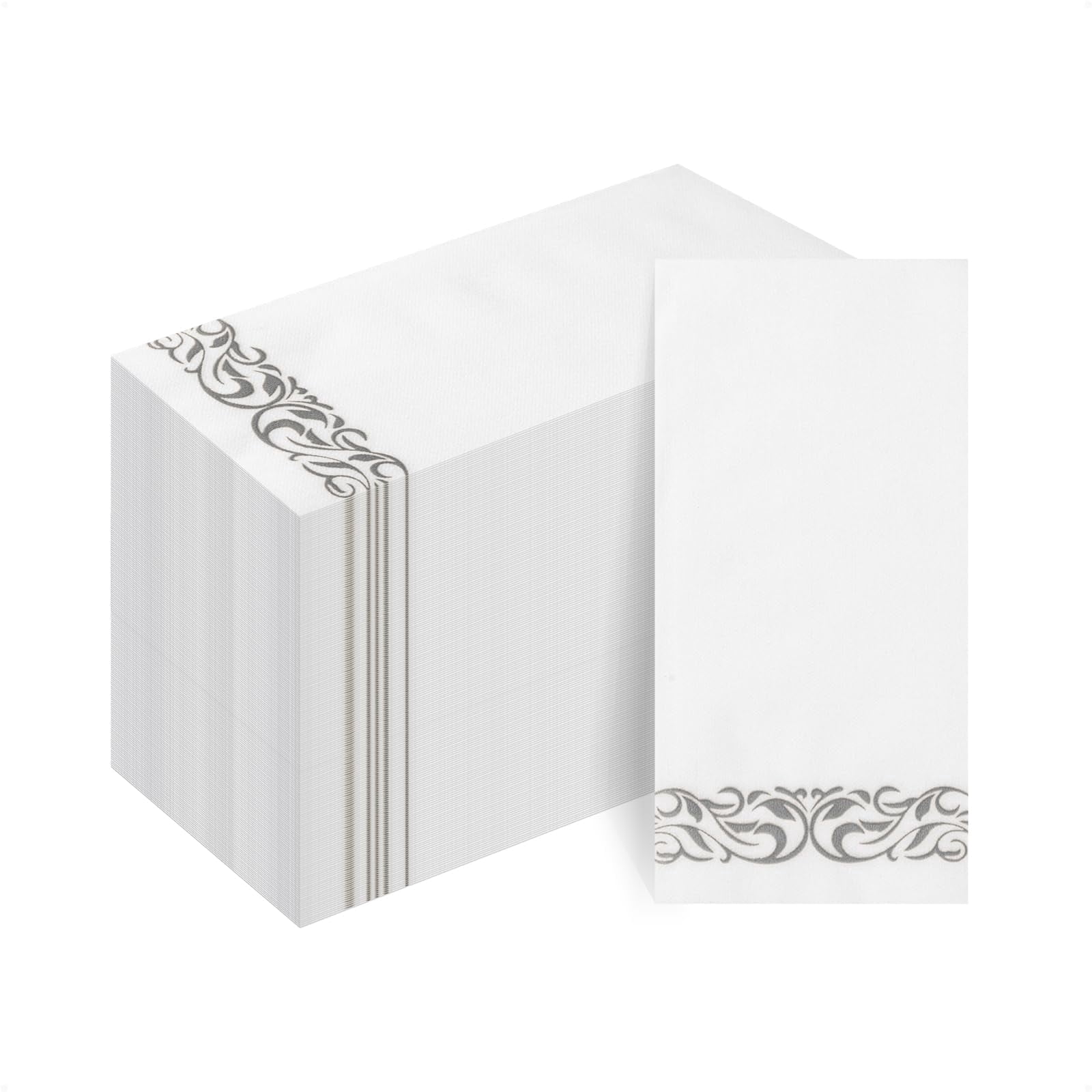TAVENE 100-Pack Linen-Feel Disposable Guest Towels – Elegant White Napkins with Silver Design for Parties, Weddings, Dinners Events – Soft and Absorbent Paper Hand Towels for Bathroom or Kitchen