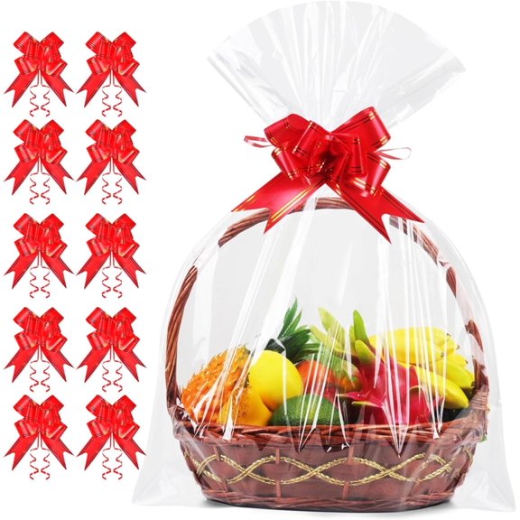 TAVENE 10PCS 35x55 Inch Clear Cellophane Bags with 10 Red Bows, 3 Mil Thicker Extra Large Cellophane Wrap for Gift Baskets, Cellophane Gift Bags for Gift Basket Wrap, Gift Giving