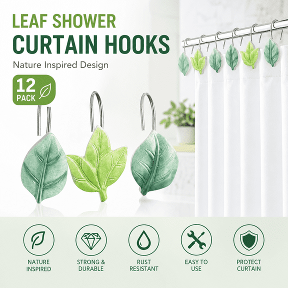 TAVENE 12 Pack Shower Curtain Hooks, Green Eucalyptus Leaf Decorative Shower Curtain Rings, Rustproof Metal Shower Hooks for Bathroom Decor