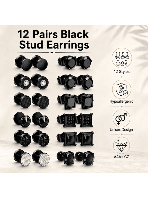 12 Pairs Mens Black Earrings, Stainless Steel Square Cubic Zirconia Stud Earrings Set Hypoallergenic for Multiple Piercing