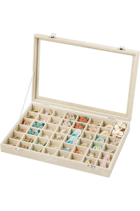Beige 48 Grid Velvet Jewelry Tray with Glass Lid, Adjustable Earring Ring Storage 13.8×9.5×2In, Drawer Display Box for Women Gift