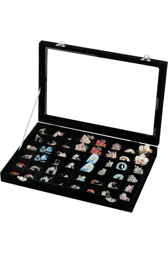 13.8 x 9.5 x 2 Inches Jewelry Display Box,48 Grid Jewelry Tray,Adjustable Earring Holder Organizer with Glass Lid,Velvet Drawer Jewelry Organizer for Rings,Studs,Gift for Women(Black)