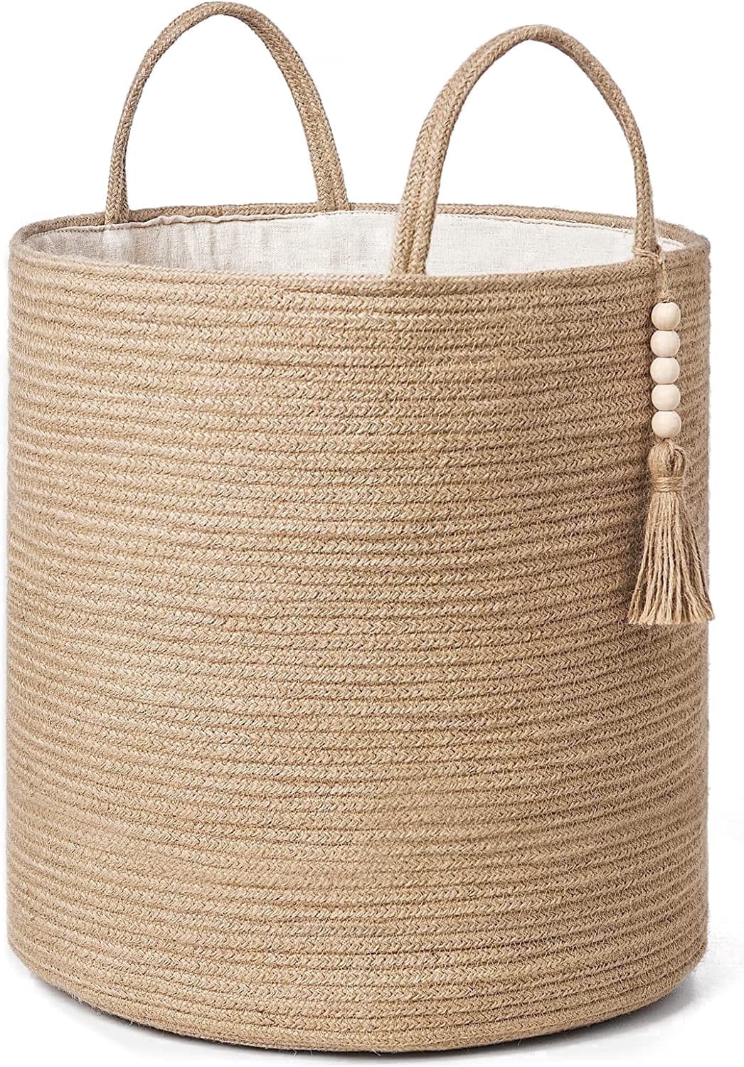 TAVENE 15"Wx17.7"L Tall Wicker Laundry Basket with Handles - Natural Rope Woven Storage Basket Wooden Bead Decoration, Living Room Decorative Organizer Bin for Blankets, Toys, Clothes, Shoes, Plant