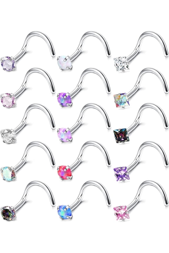 15Pcs 316L Surgical Stainless Steel Hypoallergenic Nose Rings Studs for Women Men, Cubic Zirconia L Shaped/Corkscrew/Straight Studs Rings Labret Lip Nose Nostril Piercing Jewelry 18G 20G