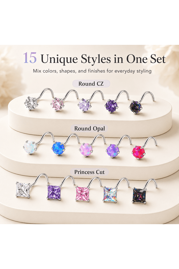 15Pcs 316L Surgical Stainless Steel Hypoallergenic Nose Rings Studs for Women Men, Cubic Zirconia L Shaped/Corkscrew/Straight Studs Rings Labret Lip Nose Nostril Piercing Jewelry 18G 20G