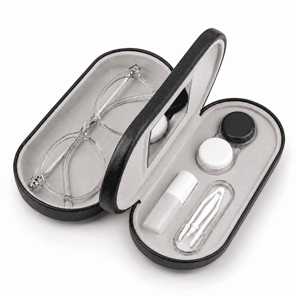 TAVENE 2 in 1 Double Sided Portable Contact Lens Box Holder Container Soak Storage Kit, Double Eyeglass Case with Mirror Tweezers Remover, Contact Lens Case Sunglasses Pouch for Men & Women, Black