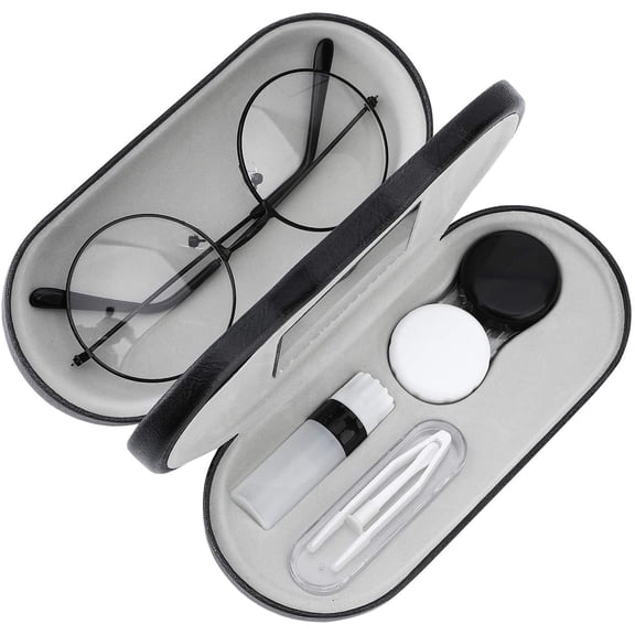 TAVENE 2 in 1 Double Sided Portable Contact Lens Box Holder Container Soak Storage Kit, Double Eyeglass Case with Mirror Tweezers Remover, Contact Lens Case Sunglasses Pouch for Men & Women, Black