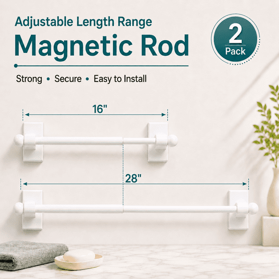 TAVENE 2 Pack Magnetic Curtain Rods for Metal Doors with Adjustable Length, Magnetic Cafe Curtain Rod Extends from 16 inch to 28 inch, White, Easy Installation for Any Steel Spaces, 2 Pack