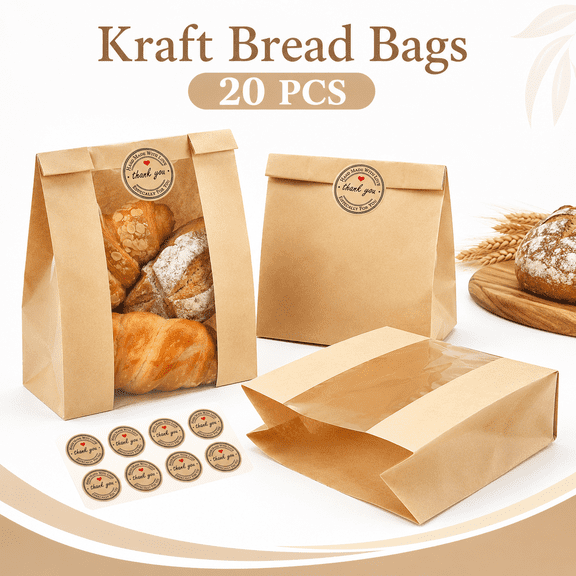 TAVENE 20 Pack Large Sourdough Bread Bags for Baked Food Packaging Storage for Homemade Bread Gifting Bakery Bags with Window Loaves Paper Bread Bags with Seal Stickers (11.8x8.2x3.5inch)