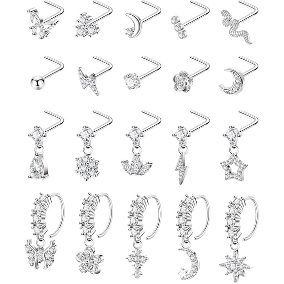 TAVENE 20PCS 20G Surgical Steel Dangle Nose Rings for Women L Shaped Nose Studs Nose Piercing Jewelry Dangling Nose Rings Hoops CZ Flower Moon Butterfly