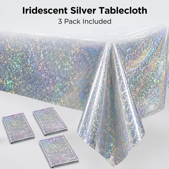 TAVENE 3 pack New Iridescent Silver Tablecloth Party Decorations, Disposable Laser Rectangle Table Cover, Holographic Silver Glitter Plastic Tablecloth for 70s Theme Disco Birthday Party Decorations