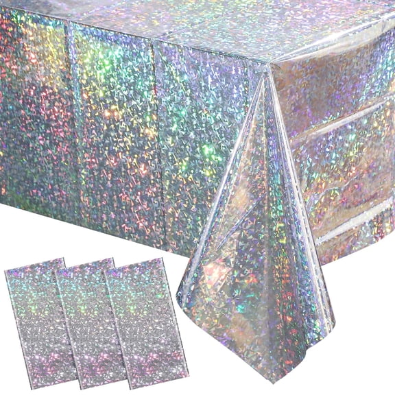 TAVENE 3 pack New Iridescent Silver Tablecloth Party Decorations, Disposable Laser Rectangle Table Cover, Holographic Silver Glitter Plastic Tablecloth for 70s Theme Disco Birthday Party Decorations