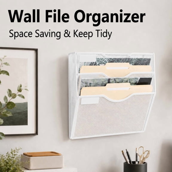 TAVENE 3 Pocket Mesh Hanging Wall File Organizer, Clipboard Storage Organization Magazine Rack with Nametag Label Wall Mounted Mail Paper Document Folder Holder, for Office School Home, White