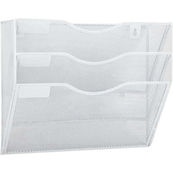TAVENE 3 Pocket Mesh Hanging Wall File Organizer, Clipboard Storage Organization Magazine Rack with Nametag Label Wall Mounted Mail Paper Document Folder Holder, for Office School Home, White