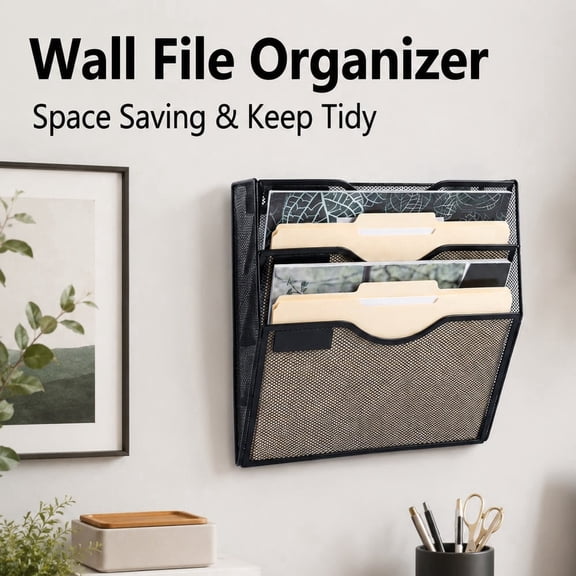 TAVENE 3-Pocket Wall File Organizer, Mesh Hanging File Holder with Label Slots, Letter-Size Document Organizer, Black Metal, 12.8 x 3.9 x 10.23 in