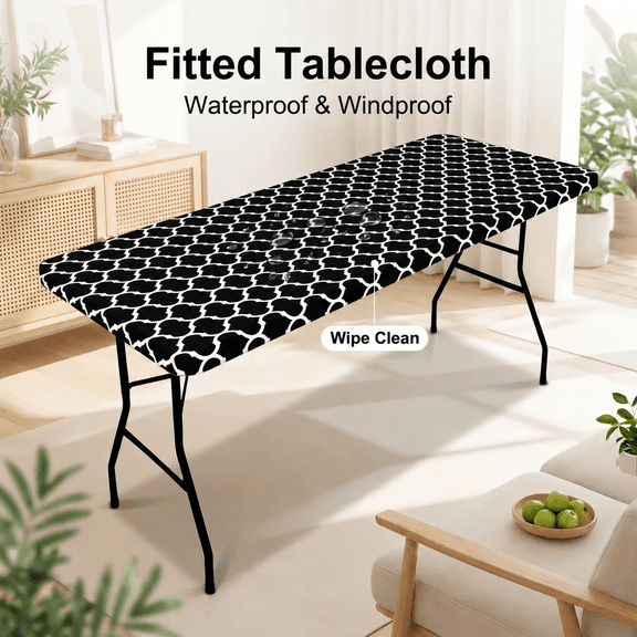 TAVENE 30x72 Inch Elastic Fitted Rectangle Picnic Table Cover, Waterproof Flannel Backed Vinyl Table Protector for 6FT Indoor Outdoor Camping Tables, Black