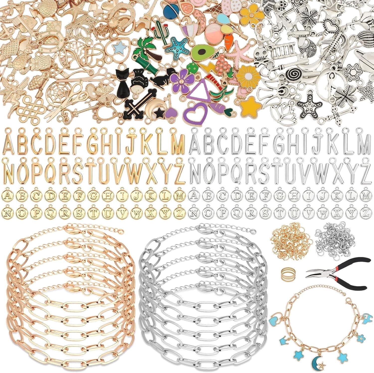TAVENE 477Pcs DIY Charm Bracelet Making Kit, Gold & Silver Charms, Paperclip Chain & Alphabet Charms, Jewelry Supplies