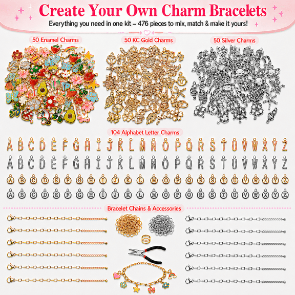 TAVENE 477Pcs DIY Charm Bracelet Making Kit, Gold & Silver Charms, Paperclip Chain & Alphabet Charms, Jewelry Supplies