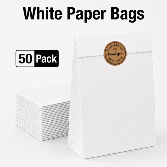 TAVENE 50-Pack White Paper Lunch Bags, 8 lb Paper Sacks for Dry Food, Snacks, Bread and Takeout, 6.1 x 3.9 x 11.8 Inch