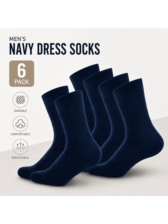 6 Pairs Classic Cotton Polyester Men's Dress Socks, Navy Blue, Cozy Reinforced Socks