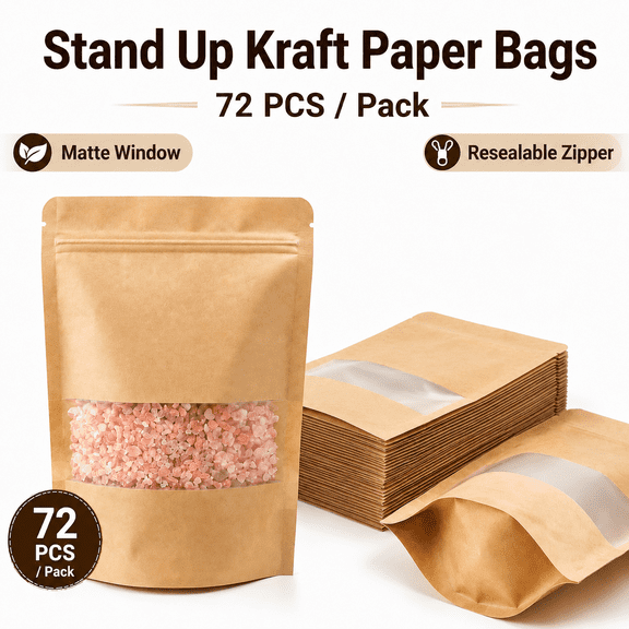 TAVENE 72pcs 5.9x8.6 Inches Kraft Paper Resealable Bags with Window, Stand Up Pouches, Ziplock Coffee Pouches Food Packaging Bags for Small Business
