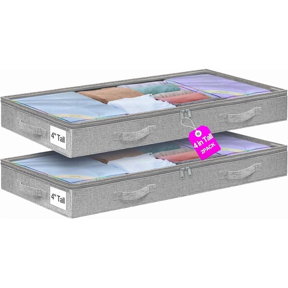TAVENE Under Bed Storage Containers, 2Pcs, 20x40x3.7in, Low Profile Underbed Storage Below 4 Inches Tall, Soft Foldable Underbed Cloth Storage Bags with No Structure, Zipper Blanket Storage Container