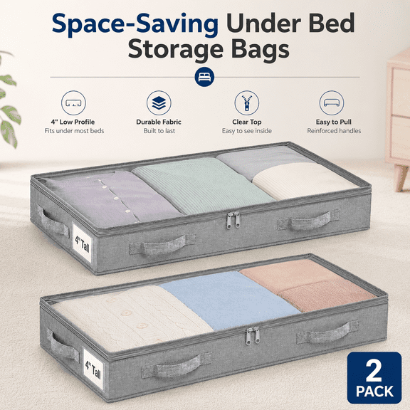TAVENE Under Bed Storage Containers, 2Pcs, 20x40x3.7in, Low Profile Underbed Storage Below 4 Inches Tall, Soft Foldable Underbed Cloth Storage Bags with No Structure, Zipper Blanket Storage Container