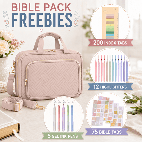 TAVENE Large Quilted Pink Bible Cover with Handle, Women Bible Case for Bible Study Journaling, Christian Church Camp Gift Supplies