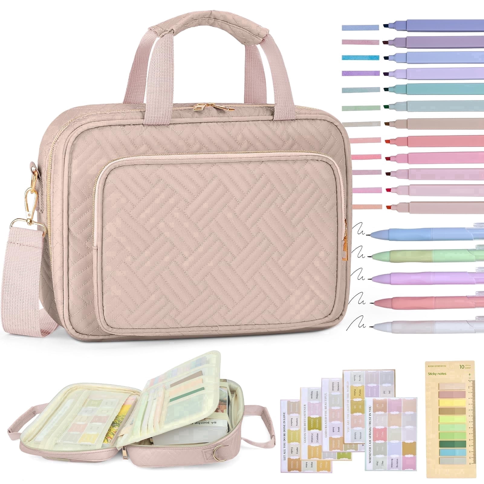 TAVENE Large Quilted Pink Bible Cover with Handle, Women Bible Case for Bible Study Journaling, Christian Church Camp Gift Supplies
