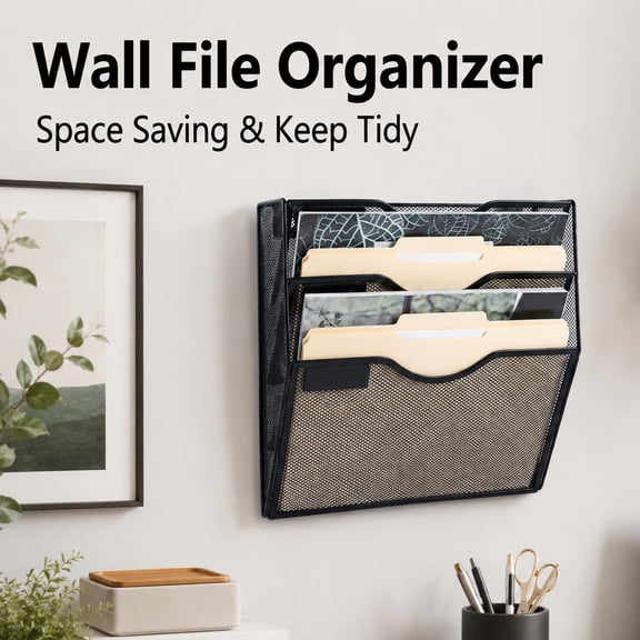 TAVENE Black 3 Pocket Mesh Hanging Wall File Organizer Wall Mounted Mail Paper Document Folder Holder with Nametag Label Clipboard Storage Organization Magazine Rack for Office Home School