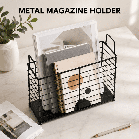 TAVENE Black Iron Wire Metal Magazine Rack Newspaper Book Tablet Storage Basket, File Holder Mail Organizer Bin with Handles, Folder Stand Holder for Home Office Bathroom Bedroom Den Living Room