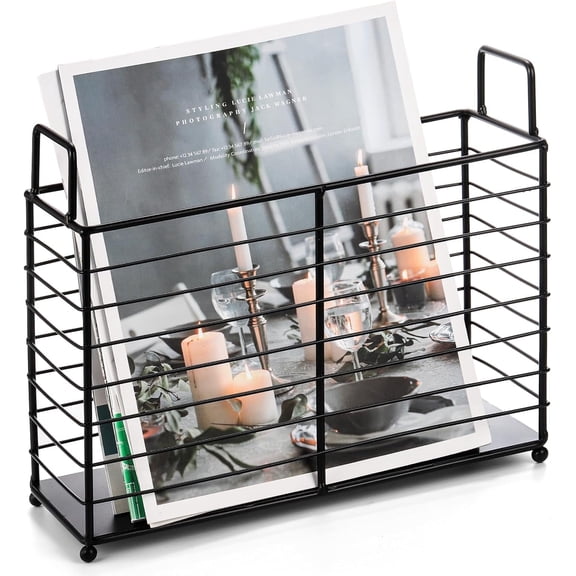 TAVENE Black Iron Wire Metal Magazine Rack Newspaper Book Tablet Storage Basket, File Holder Mail Organizer Bin with Handles, Folder Stand Holder for Home Office Bathroom Bedroom Den Living Room