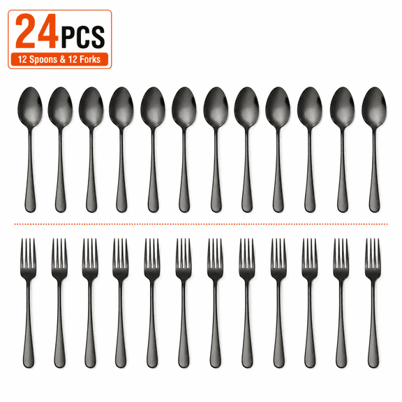 TAVENE Black Stainless Steel Forks and Spoons Silverware Set, 24 Pieces for 12 People, 6.7 Inch, Dishwasher Safe