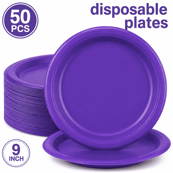 TAVENE Disposable Paper Plates Set, 50 PCS Purple 9 Inches Round Party Plates for Meal Picnic Festival Gathering