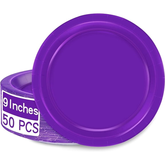 TAVENE Disposable Paper Plates Set, 50 PCS Round 9 Inches Purple Dinner Paper Plates Pack, Party Supplies for Daily Meal Picnic Anniversary Mardi Gras Carnival Festival Gathering