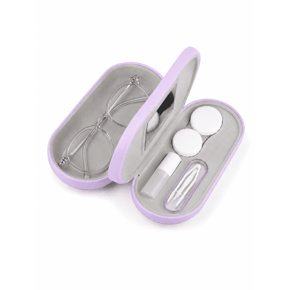 TAVENE Double Sided 2 in 1 Double Eyeglass Case, Contact Lens Case with Mirror Tweezers Remover, Portable Contact Lens Box Holder Container Soak Storage Kit Sunglasses Pouch for Men & Women, Lilac
