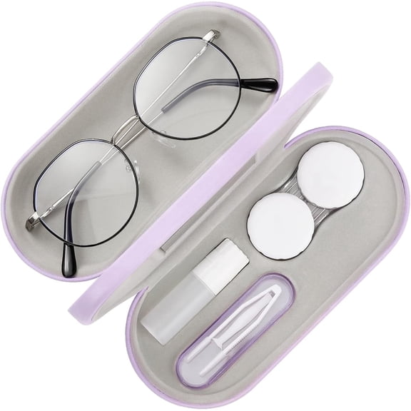 TAVENE Double Sided 2 in 1 Double Eyeglass Case, Contact Lens Case with Mirror Tweezers Remover, Portable Contact Lens Box Holder Container Soak Storage Kit Sunglasses Pouch for Men & Women, Lilac