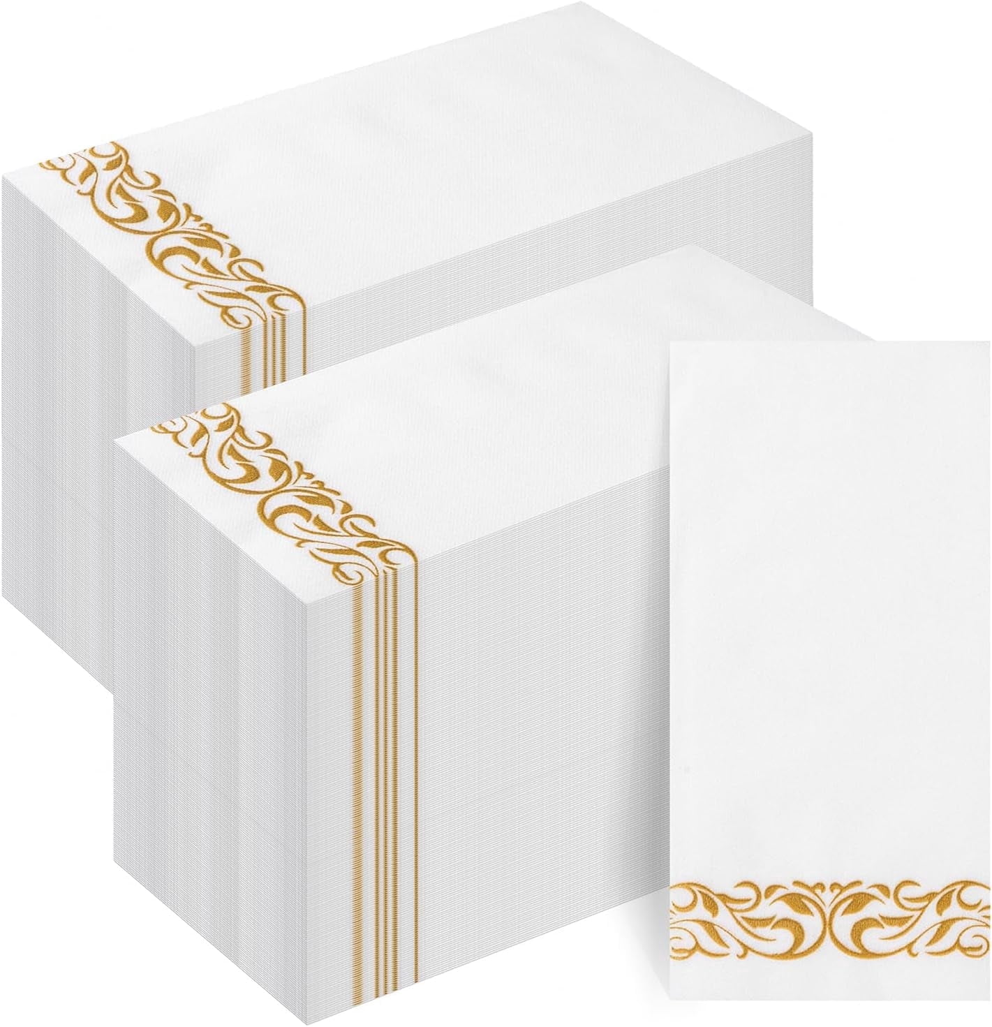 TAVENE Elegant White Napkins with Gold Design for Parties, Weddings, Dinners Events – 200-Pack Linen-Feel Disposable Guest Towels – Soft and Absorbent Paper Hand Towels for Bathroom or Kitchen