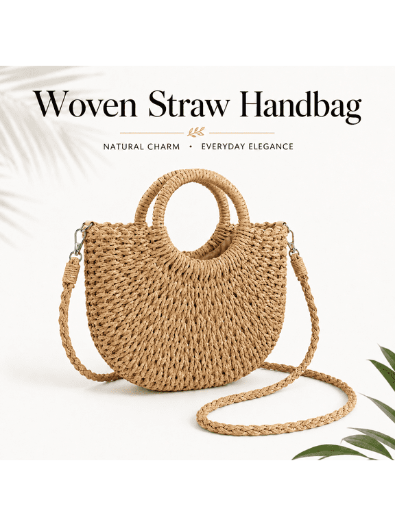 Mini Summer Beach Rattan Tote Bag, Women Straw Handbag, Handmade Woven Semi-circle Clutch Bag Purse, Small Crossbody Crochet Handbag with Top Handle for Travel Vacation