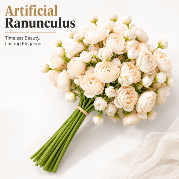 TAVENE 18 Pcs Champagne Mini Silk Ranunculus Artificial Flowers, Bulk Faux Blooms for Wedding Bouquets Centerpieces Arrangement Decor