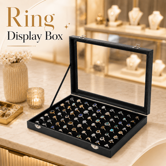 TAVENE Ring Organizer Box with Transparent Lid, Ring Display Case Showcase for Store Display and Home Jewelry Show, Ring Holder for Jewelry Rings, Studs Earrings