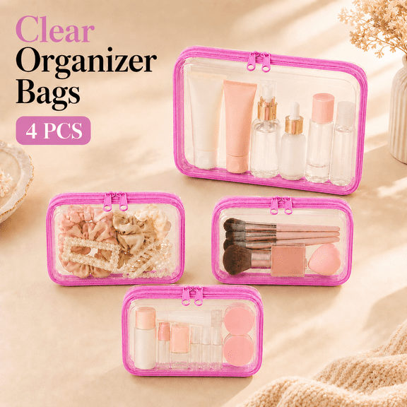 TAVENE 4 Pack Clear Hard Shell Zipper Cases, Stackable Travel Toiletry Bags and Makeup Organizer Pouches, 1 Medium and 3 Small, Pink