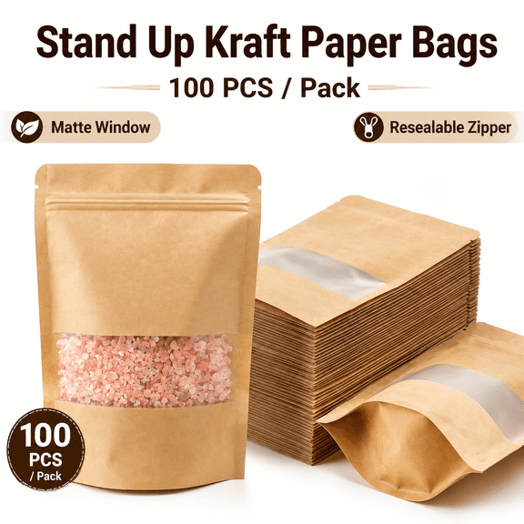 TAVENE 100Pcs Kraft Paper Stand Up Pouches 5.5×7.9In, Matte Window Self-Seal Bags with Tear Notch, Resealable for Home & Small Business