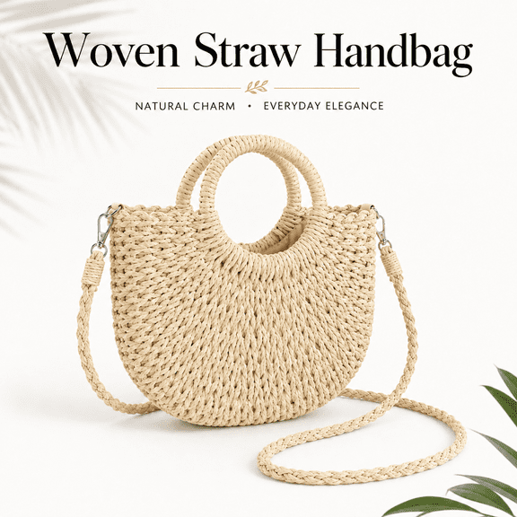TAVENE Straw Beach Bag for Women, Handwoven Mini Tote Purse with Drawstring Closure and Removable Crossbody Strap, Round Handles, Beige