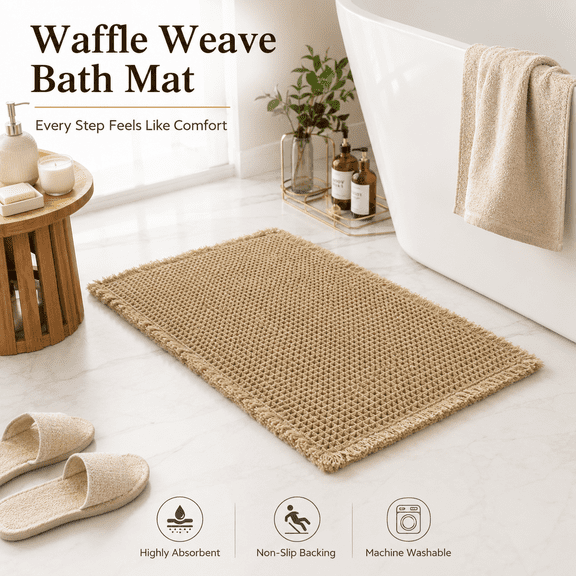 TAVENE Brown Waffle Tassel Bath Mat 20"x 32", Super Absorbent Non Slip Washable Soft Bath Rug for Beside Bathtub
