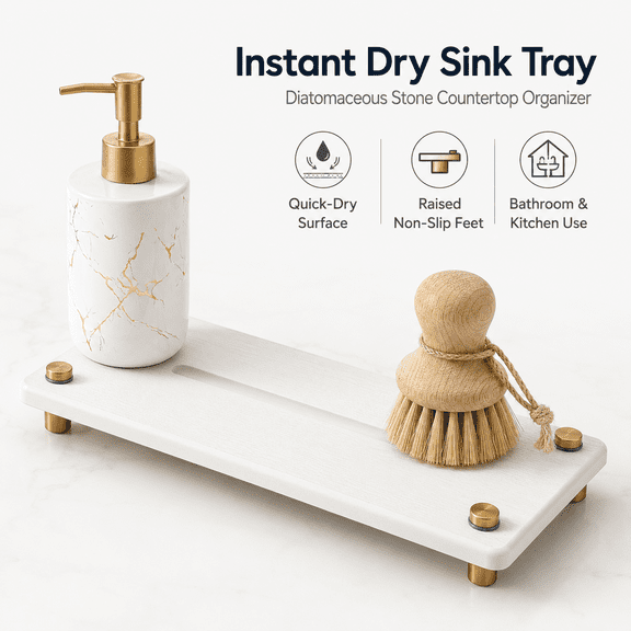 TAVENE Water Absorbing Stone Sink Caddy Kitchen Sink Organizer Tray, White 10" x 4", Diatomite Bathroom Counter Tray, Gold Faucet Drying Mat Coaster Soap Dish Rack Riser Dispenser Sponge Holder