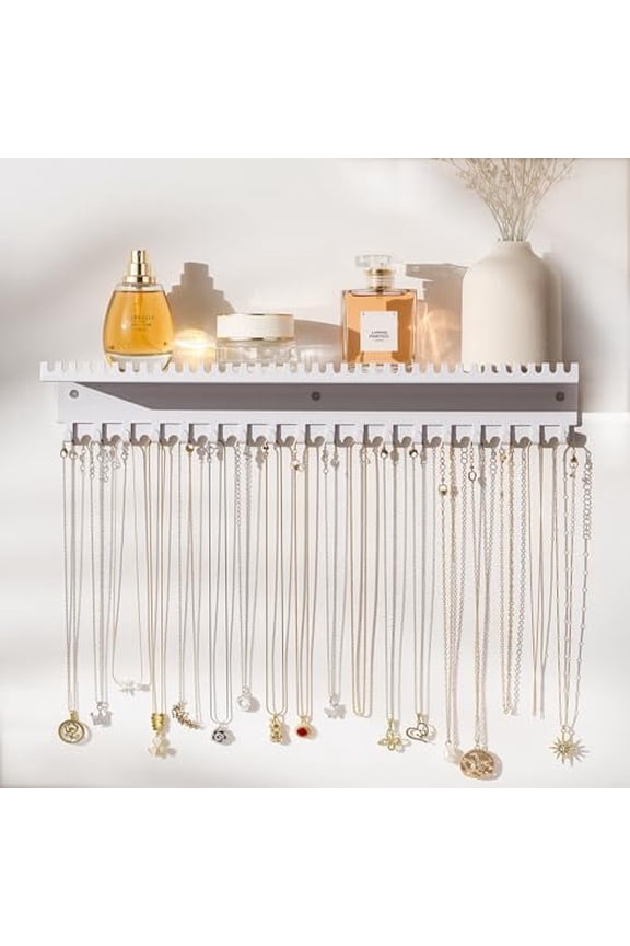White & Metal Necklace Holder Wall Hanging Organizer Wall Mounted Jewelry Shelf with 56 Hooks and Tray Display Hanger for Girls and Women